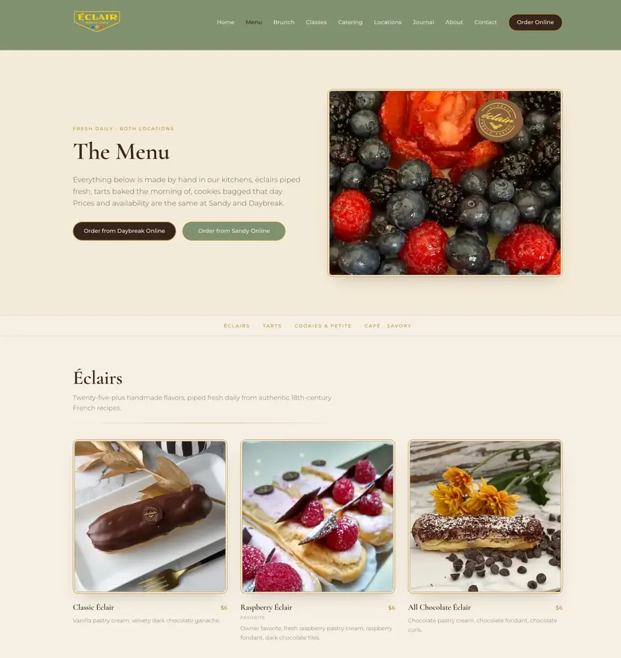 Éclair French Cafe multi-location bakery website built by The INCubator AI Marketing Agency in Utah
