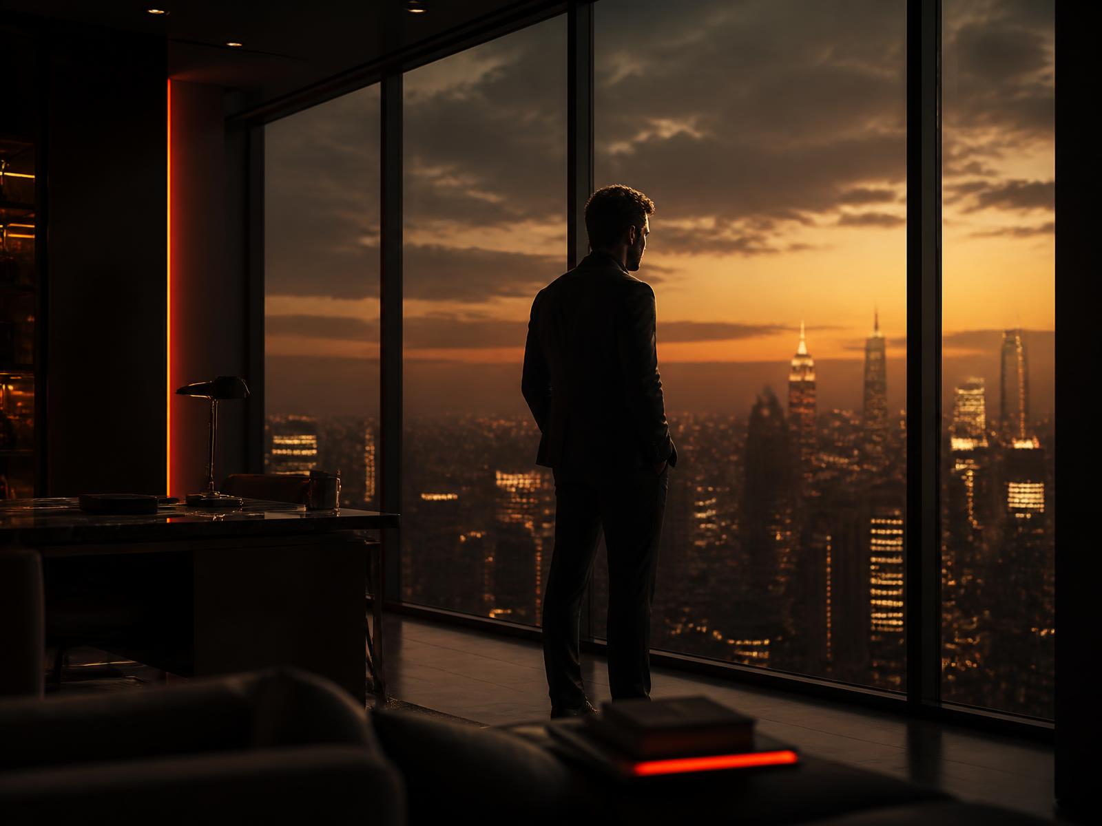 Founder overlooking a city skyline at dusk, The Source of Truth AI Mastermind