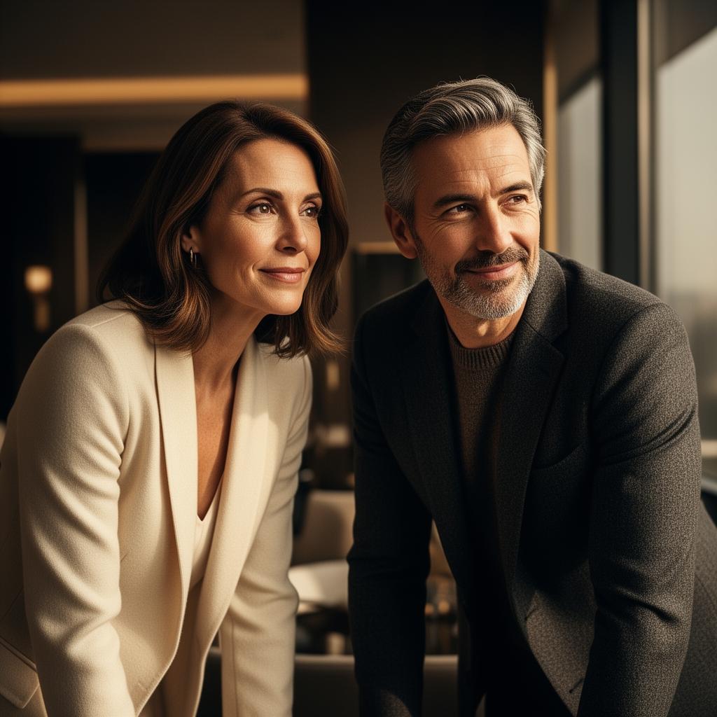 Affluent independent entrepreneurs, a woman and a man in their late forties and early fifties, intrigued and leaning in