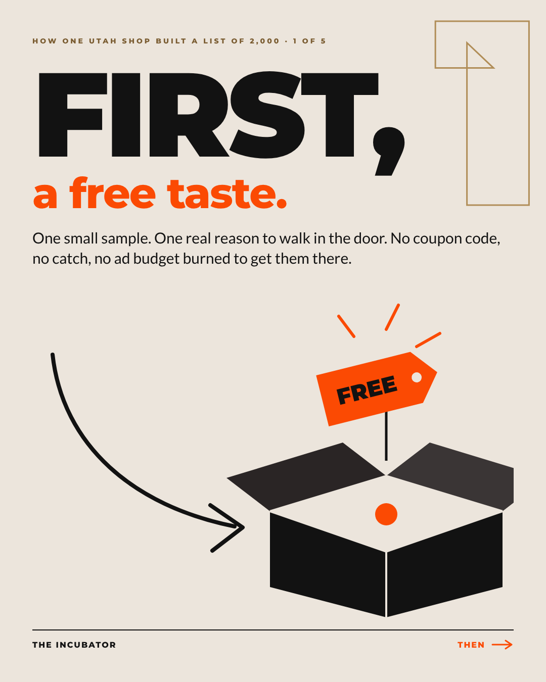 Referral marketing example step one: an open box with a FREE sample tag