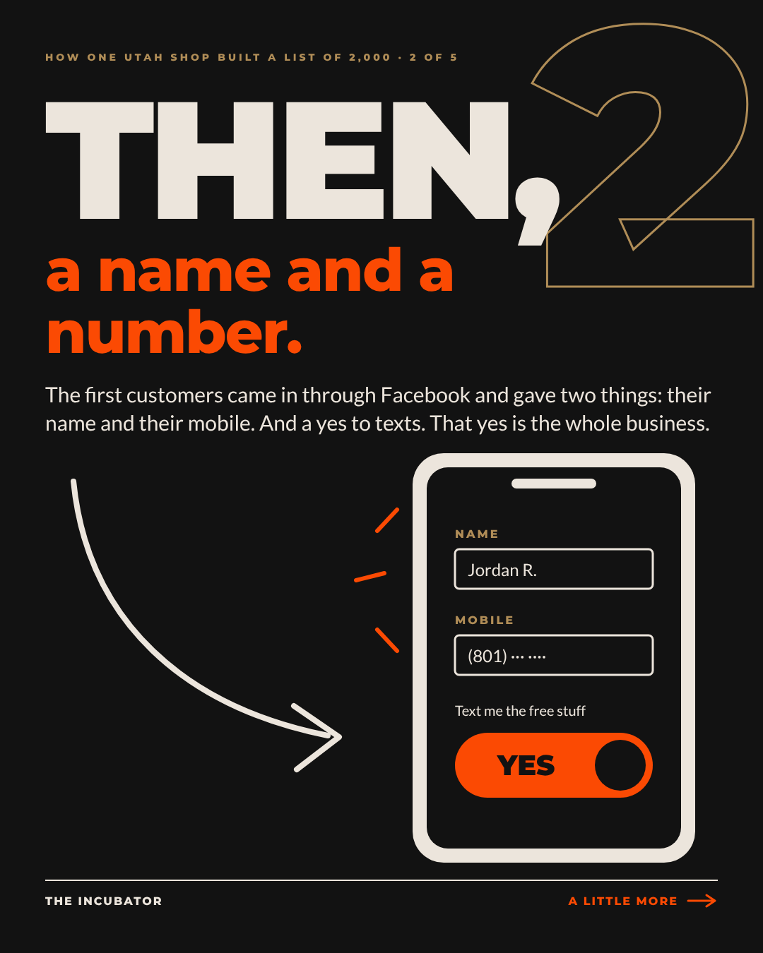 Phone sign-up form asking for name and mobile with a YES toggle for text messages